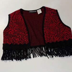Vintage Sag Harbor Petites Red & Black Animal Print Knit Cropped Hippie Vest